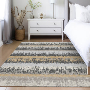 Homeroots 3' Striped Artichoke Green Beige Ivory Washable Area Rug For Indoor Outdoor Spaces, Durable Design 5' X 8' Polyester 598353