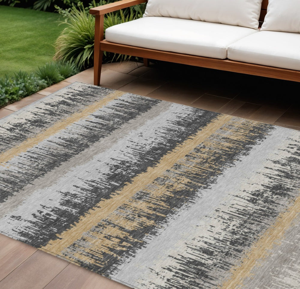 HomeRoots 9' X 12' Striped Indoor Outdoor Area Rug - Durable, Washable, Stain-Resistant, Stylish Gray-Brown Beige 598356