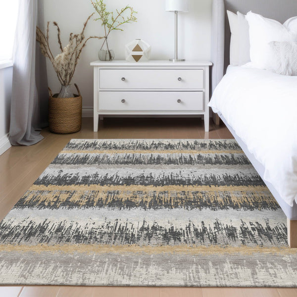 Homeroots 3' Striped Artichoke Green Beige Ivory Washable Area Rug For Indoor Outdoor Spaces, Durable Design 9' X 12' Polyester 598356