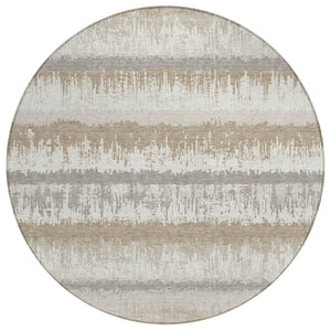 HomeRoots 5' Timeless Ivory Gray Beige Striped Washable Area Rug for Indoor and Outdoor Spaces, Durable Design 8' Round 598360