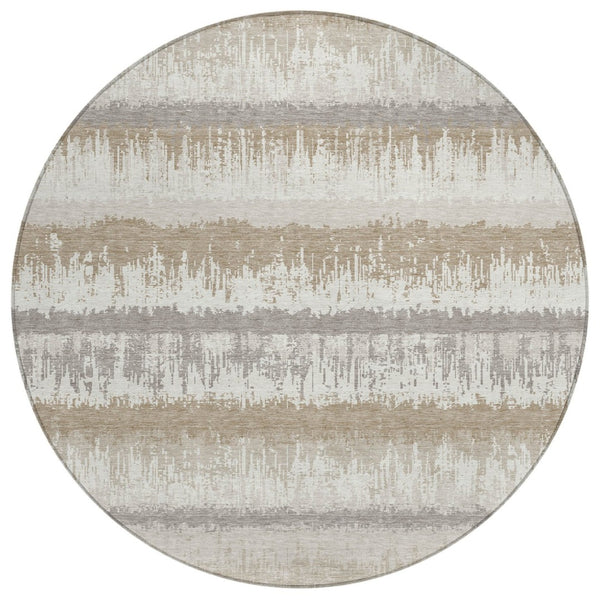 HomeRoots 5' Timeless Ivory Gray Beige Striped Washable Area Rug for Indoor and Outdoor Spaces, Durable Design 8' Round 598360