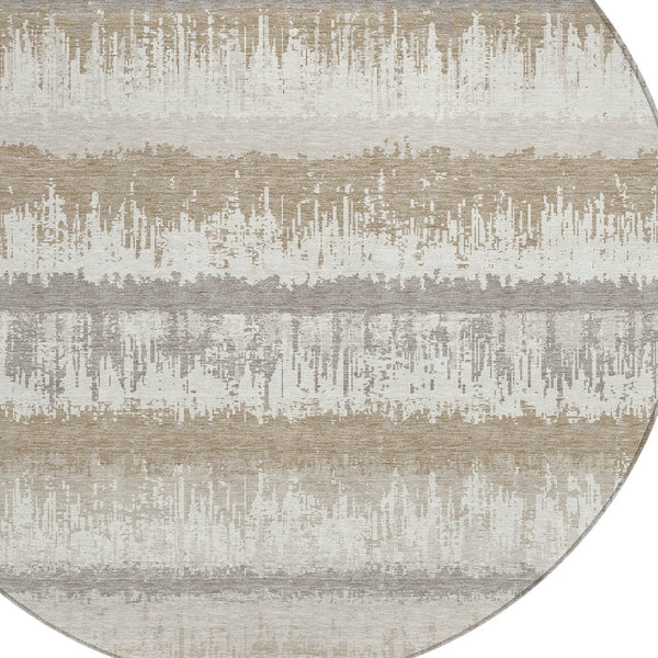 Homeroots 3' Striped Artichoke Green Beige Ivory Washable Area Rug For Indoor Outdoor Spaces, Durable Design 8' Round Polyester 598360