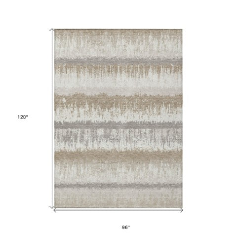 Homeroots 3' Striped Artichoke Green Beige Ivory Washable Area Rug For Indoor Outdoor Spaces, Durable Design 8' X 10' Polyester 598361