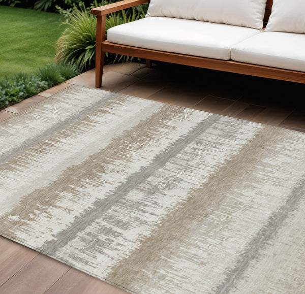 Homeroots 3' Striped Artichoke Green Beige Ivory Washable Area Rug For Indoor Outdoor Spaces, Durable Design 8' X 10' Polyester 598361
