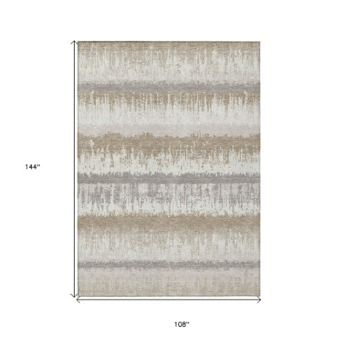 Homeroots 3' Striped Artichoke Green Beige Ivory Washable Area Rug For Indoor Outdoor Spaces, Durable Design 9' X 12' Polyester 598362