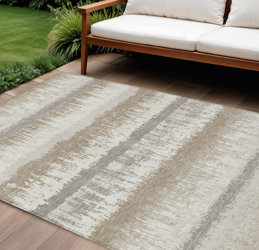 HomeRoots 5' Timeless Ivory Gray Beige Striped Washable Area Rug for Indoor and Outdoor Spaces, Durable Design 9' X 12' 598362