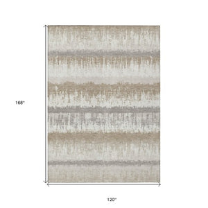 Homeroots 3' Striped Artichoke Green Beige Ivory Washable Area Rug For Indoor Outdoor Spaces, Durable Design 10' X 14' Polyester 598363