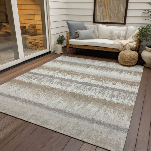 Homeroots 3' Striped Artichoke Green Beige Ivory Washable Area Rug For Indoor Outdoor Spaces, Durable Design 10' X 14' Polyester 598363