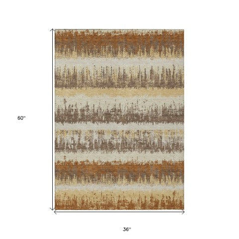 Homeroots 3' Striped Artichoke Green Beige Ivory Washable Area Rug For Indoor Outdoor Spaces, Durable Design 3' X 5' Polyester 598364