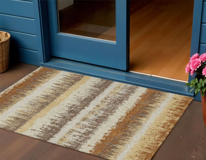 Homeroots 3' Striped Artichoke Green Beige Ivory Washable Area Rug For Indoor Outdoor Spaces, Durable Design 3' X 5' Polyester 598364