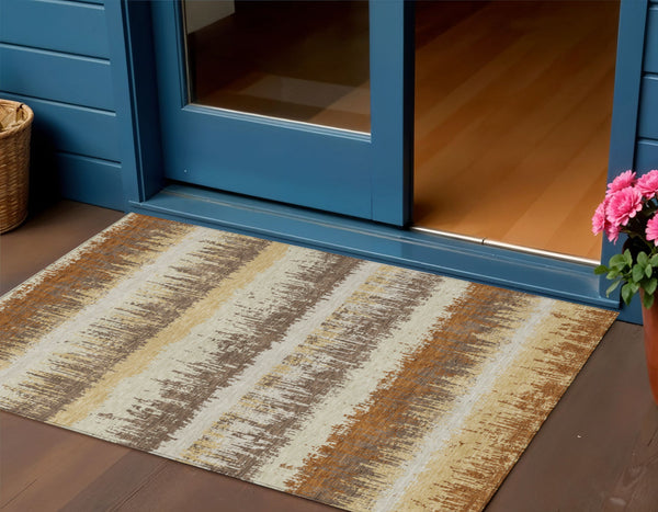 Homeroots 3' Striped Artichoke Green Beige Ivory Washable Area Rug For Indoor Outdoor Spaces, Durable Design 3' X 5' Polyester 598364