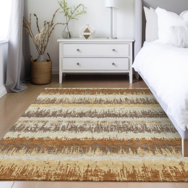 Homeroots 3' Striped Artichoke Green Beige Ivory Washable Area Rug For Indoor Outdoor Spaces, Durable Design 3' X 5' Polyester 598364