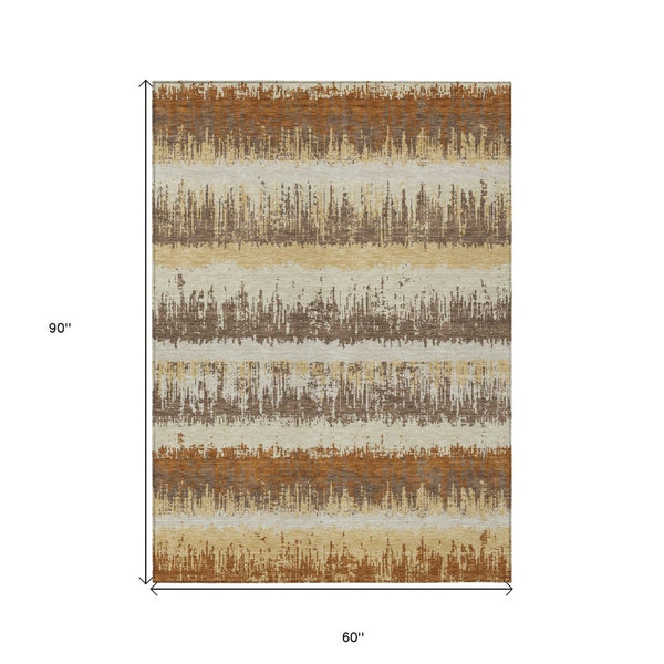 HomeRoots 5' Striped Washable Area Rug in Brown, Beige, and Ivory for Indoor & Outdoor Versatility and Style 5' X 8' 598365