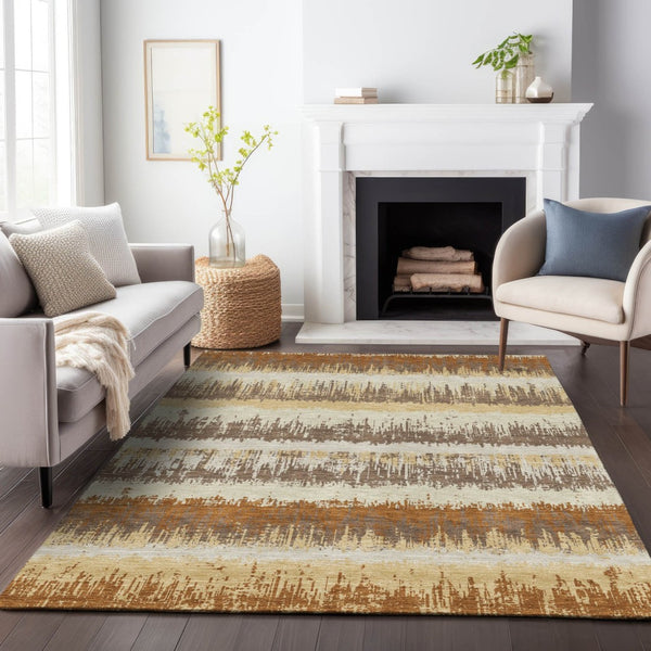 HomeRoots 5' Striped Washable Area Rug in Brown, Beige, and Ivory for Indoor & Outdoor Versatility and Style 5' X 8' 598365