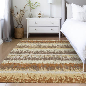 Homeroots 3' Striped Artichoke Green Beige Ivory Washable Area Rug For Indoor Outdoor Spaces, Durable Design 9' X 12' Polyester 598368