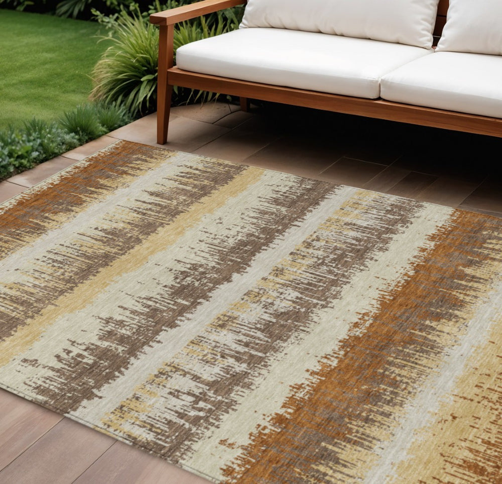 HomeRoots 5' Striped Washable Area Rug in Brown, Beige, and Ivory for Indoor & Outdoor Versatility and Style 10' X 14' 598369