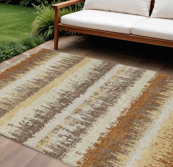 Homeroots 3' Striped Artichoke Green Beige Ivory Washable Area Rug For Indoor Outdoor Spaces, Durable Design 10' X 14' Polyester 598369