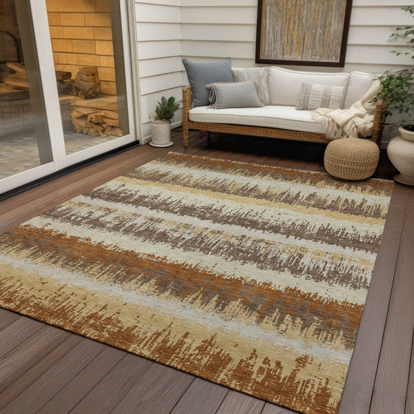 Homeroots 3' Striped Artichoke Green Beige Ivory Washable Area Rug For Indoor Outdoor Spaces, Durable Design 10' X 14' Polyester 598369
