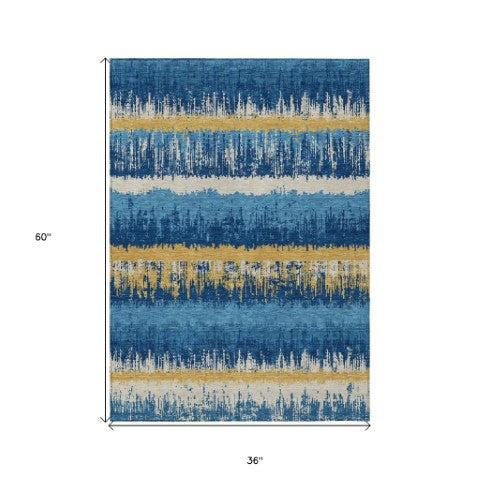 Homeroots 3' Striped Artichoke Green Beige Ivory Washable Area Rug For Indoor Outdoor Spaces, Durable Design 3' X 5' Polyester 598370