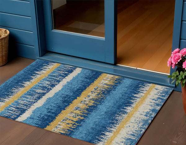 Homeroots 3' Striped Artichoke Green Beige Ivory Washable Area Rug For Indoor Outdoor Spaces, Durable Design 3' X 5' Polyester 598370