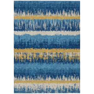 HomeRoots 5' Stylish Navy Blue Gold and Ivory Striped Washable Area Rug for Indoor and Outdoor Spaces 5' X 8' 598371