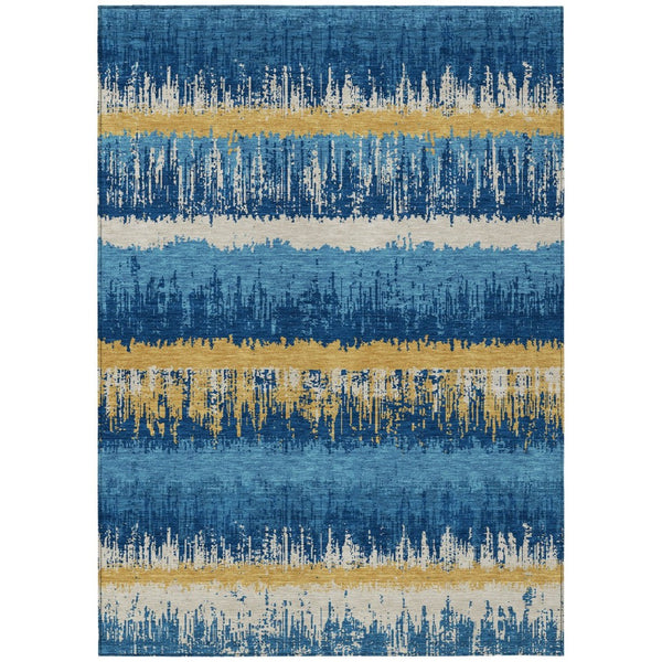 HomeRoots 5' Stylish Navy Blue Gold and Ivory Striped Washable Area Rug for Indoor and Outdoor Spaces 5' X 8' 598371