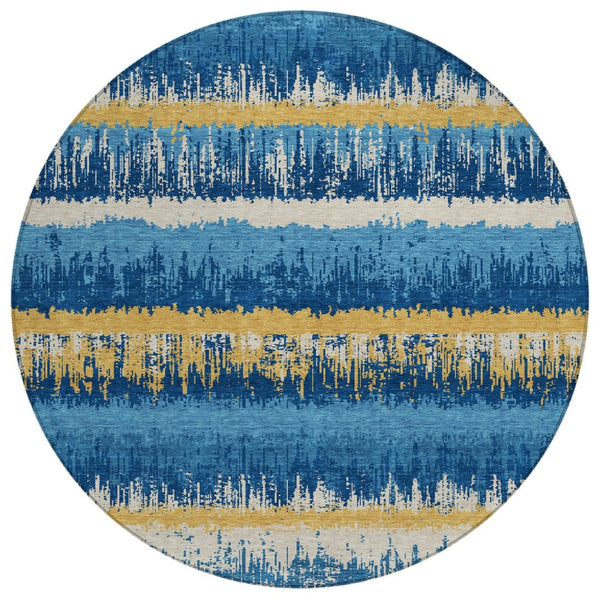 HomeRoots 5' Stylish Navy Blue Gold and Ivory Striped Washable Area Rug for Indoor and Outdoor Spaces 8' Round 598372