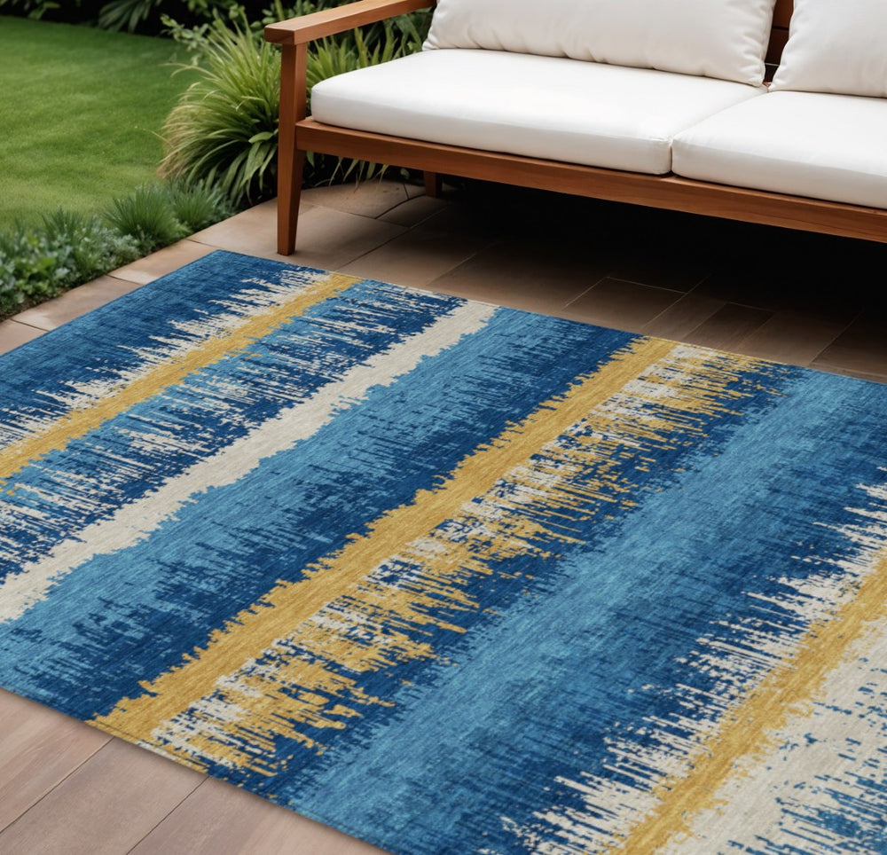 HomeRoots 9' Navy Blue Gold and Ivory Striped Area Rug - Washable, Indoor/Outdoor, Stain-Resistant, Durable Design 598374