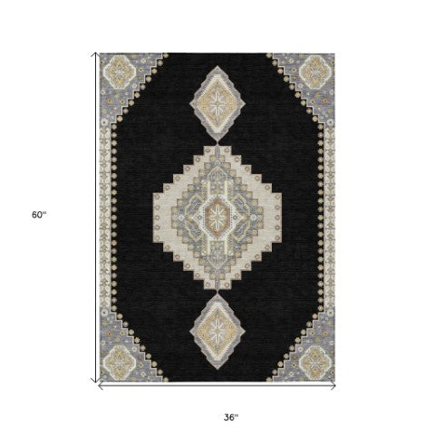 Homeroots 3' Black Gold And Gray Oriental Rug - Stylish Washable Indoor Outdoor Area Rug For Any Space 3' X 5' Polyester 598382