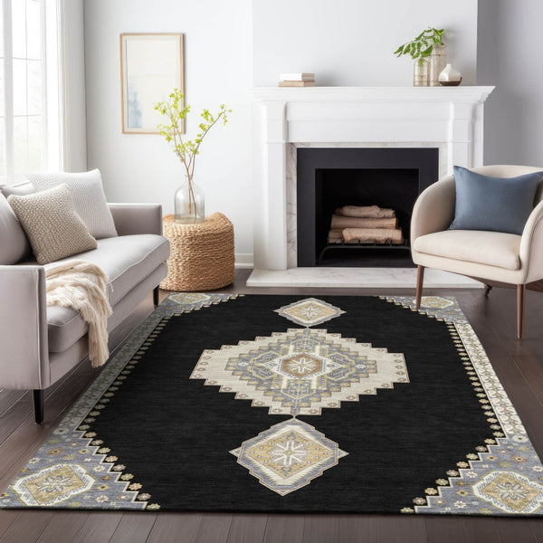 Homeroots 3' Black Gold And Gray Oriental Rug - Stylish Washable Indoor Outdoor Area Rug For Any Space 3' X 5' Polyester 598382