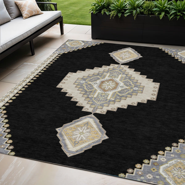 Homeroots 3' Black Gold And Gray Oriental Rug - Stylish Washable Indoor Outdoor Area Rug For Any Space 5' X 8' Polyester 598383