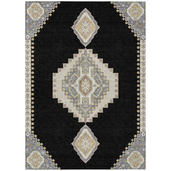 HomeRoots 5' Black Gold and Gray Oriental Area Rug - Washable, Durable, Stain-Resistant for Indoor & Outdoor Use 5' X 8' 598383