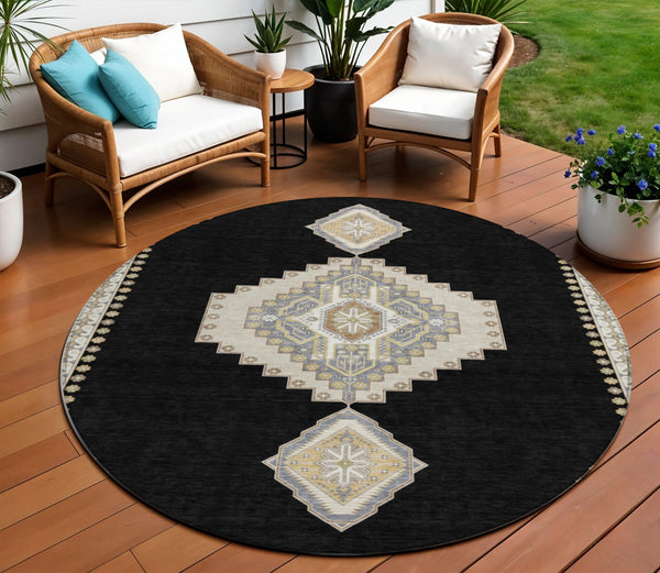 Homeroots 3' Black Gold And Gray Oriental Rug - Stylish Washable Indoor Outdoor Area Rug For Any Space 8' Round Polyester 598384