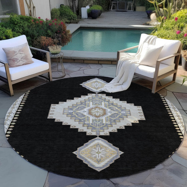 Homeroots 3' Black Gold And Gray Oriental Rug - Stylish Washable Indoor Outdoor Area Rug For Any Space 8' Round Polyester 598384