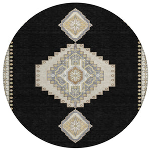 HomeRoots 5' Black Gold and Gray Oriental Area Rug - Washable, Durable, Stain-Resistant for Indoor & Outdoor Use 8' Round 598384