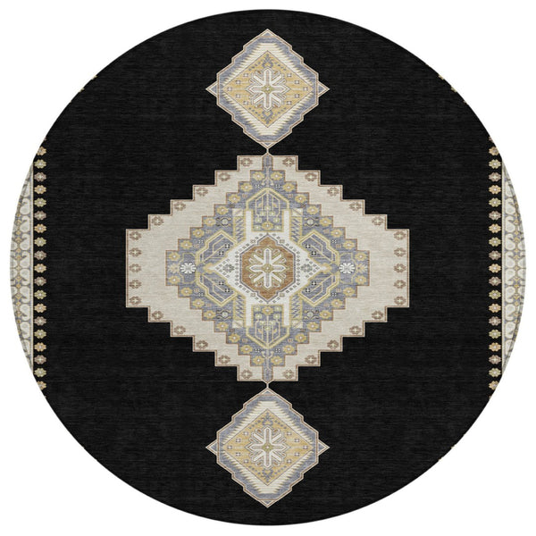 HomeRoots 5' Black Gold and Gray Oriental Area Rug - Washable, Durable, Stain-Resistant for Indoor & Outdoor Use 8' Round 598384