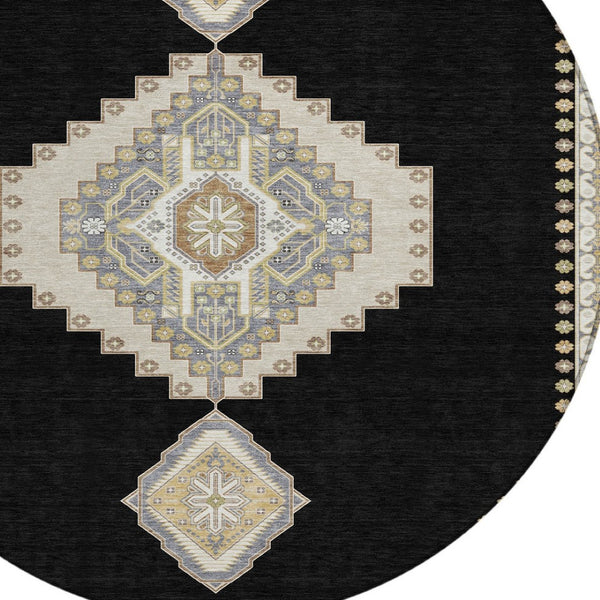 Homeroots 3' Black Gold And Gray Oriental Rug - Stylish Washable Indoor Outdoor Area Rug For Any Space 8' Round Polyester 598384
