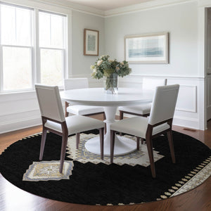 Homeroots 3' Black Gold And Gray Oriental Rug - Stylish Washable Indoor Outdoor Area Rug For Any Space 8' Round Polyester 598384