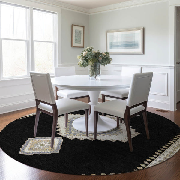 Homeroots 3' Black Gold And Gray Oriental Rug - Stylish Washable Indoor Outdoor Area Rug For Any Space 8' Round Polyester 598384