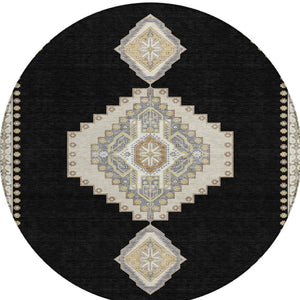 Homeroots 3' Black Gold And Gray Oriental Rug - Stylish Washable Indoor Outdoor Area Rug For Any Space 8' Round Polyester 598384