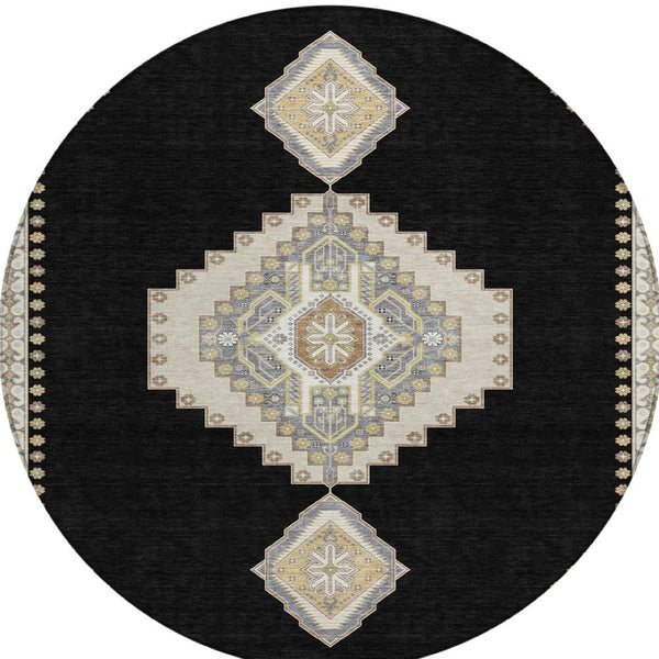 Homeroots 3' Black Gold And Gray Oriental Rug - Stylish Washable Indoor Outdoor Area Rug For Any Space 8' Round Polyester 598384
