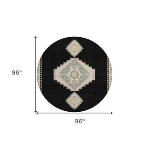 Homeroots 3' Black Gold And Gray Oriental Rug - Stylish Washable Indoor Outdoor Area Rug For Any Space 8' Round Polyester 598384