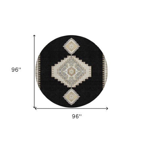 Homeroots 3' Black Gold And Gray Oriental Rug - Stylish Washable Indoor Outdoor Area Rug For Any Space 8' Round Polyester 598384