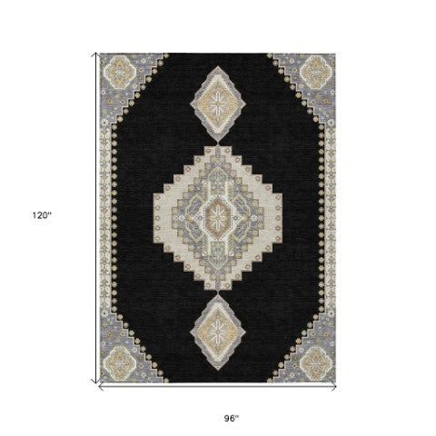 Homeroots 3' Black Gold And Gray Oriental Rug - Stylish Washable Indoor Outdoor Area Rug For Any Space 8' X 10' Polyester 598385