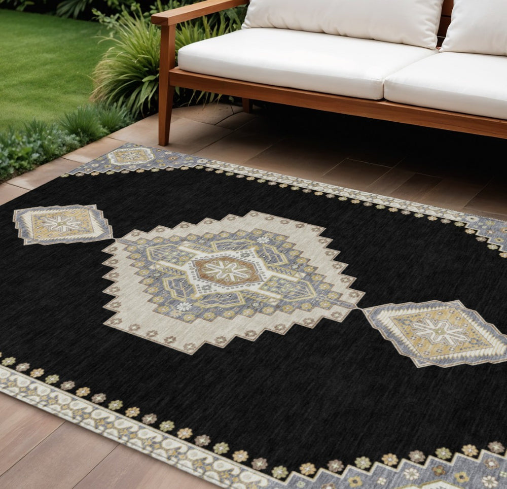 HomeRoots 5' Black Gold and Gray Oriental Area Rug - Washable, Durable, Stain-Resistant for Indoor & Outdoor Use 8' X 10' 598385