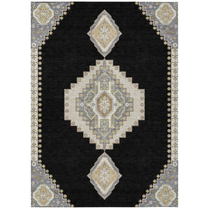 HomeRoots 5' Black Gold and Gray Oriental Area Rug - Washable, Durable, Stain-Resistant for Indoor & Outdoor Use 8' X 10' 598385