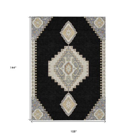 Homeroots 3' Black Gold And Gray Oriental Rug - Stylish Washable Indoor Outdoor Area Rug For Any Space 9' X 12' Polyester 598386