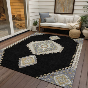 Homeroots 3' Black Gold And Gray Oriental Rug - Stylish Washable Indoor Outdoor Area Rug For Any Space 9' X 12' Polyester 598386