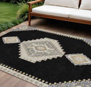 Homeroots 3' Black Gold And Gray Oriental Rug - Stylish Washable Indoor Outdoor Area Rug For Any Space 10' X 14' Polyester 598387