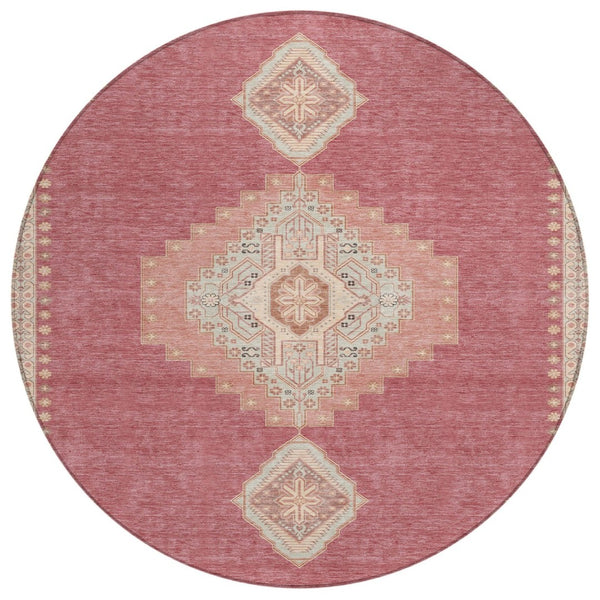 HomeRoots 5' Blush Gray and Beige Oriental Area Rug - Stylish, Washable, Durable for Indoor and Outdoor Spaces 8' Round 598390